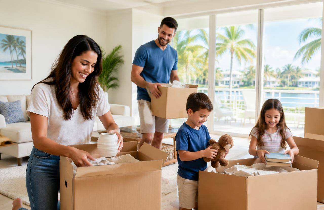 Family unpacking in their new Florida home