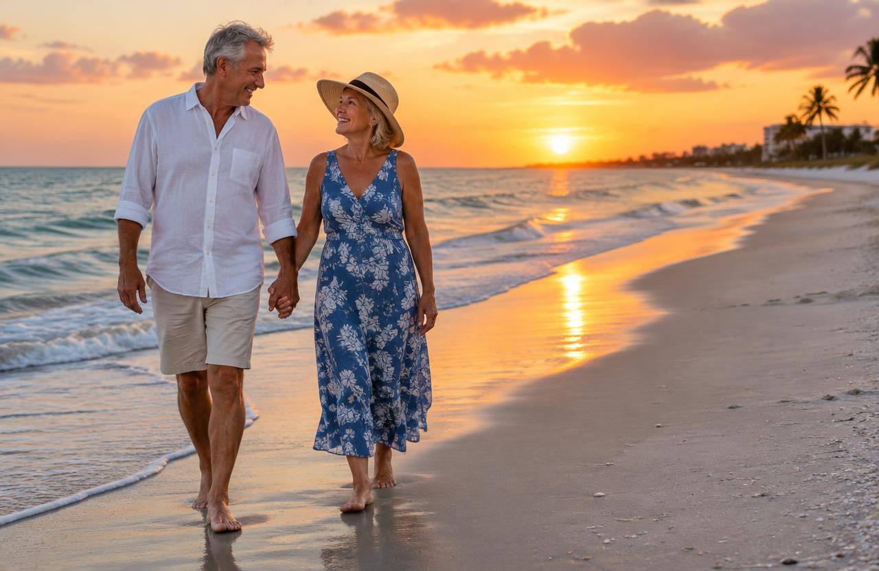 Couple walking on a Gulf beach at sunset